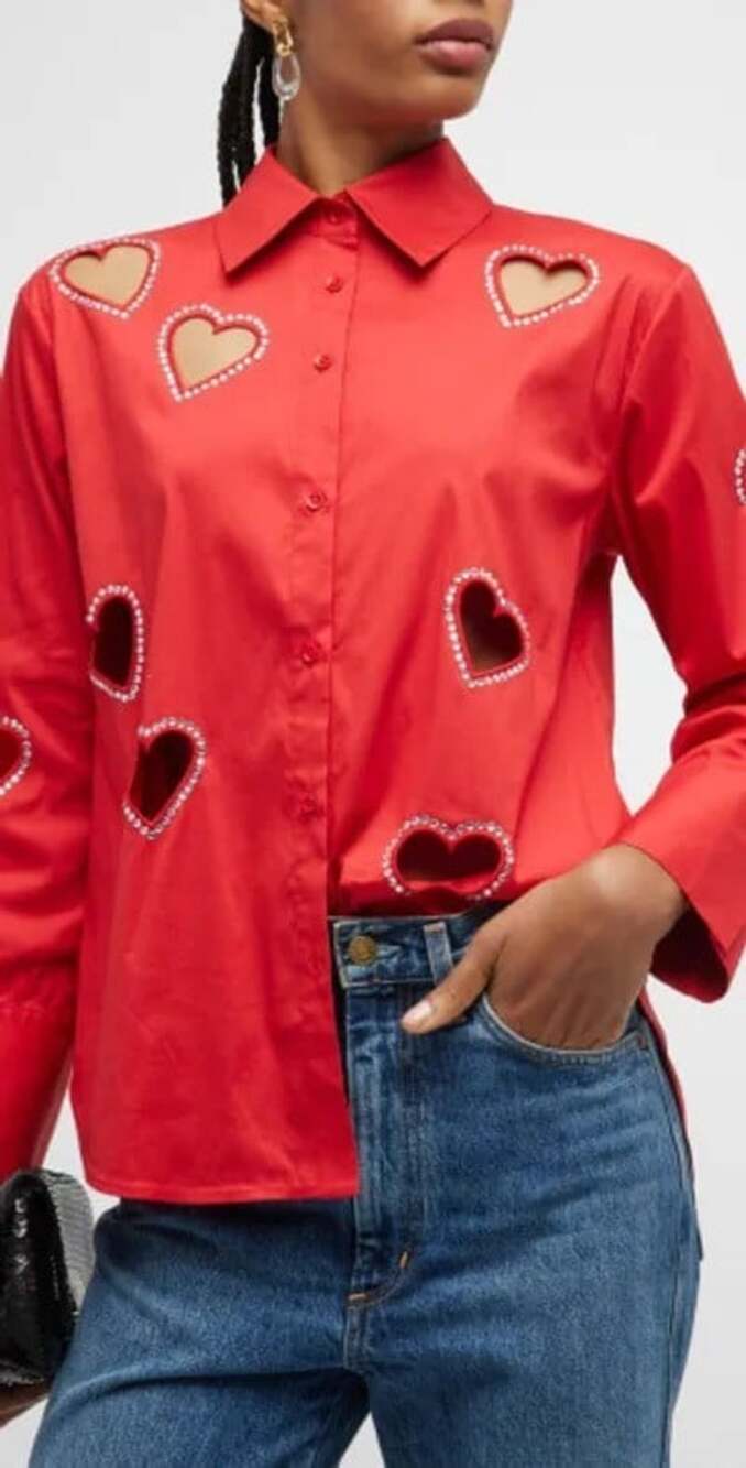 Alice + Olivia Finely Red Embellished Heart Shirt XL